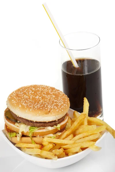 stock image Hamburger meal served with french fries and soda close-up