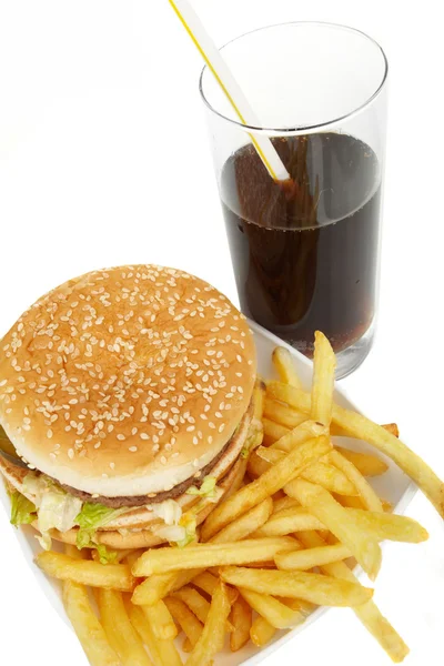 stock image Hamburger meal served with french fries and soda close-up