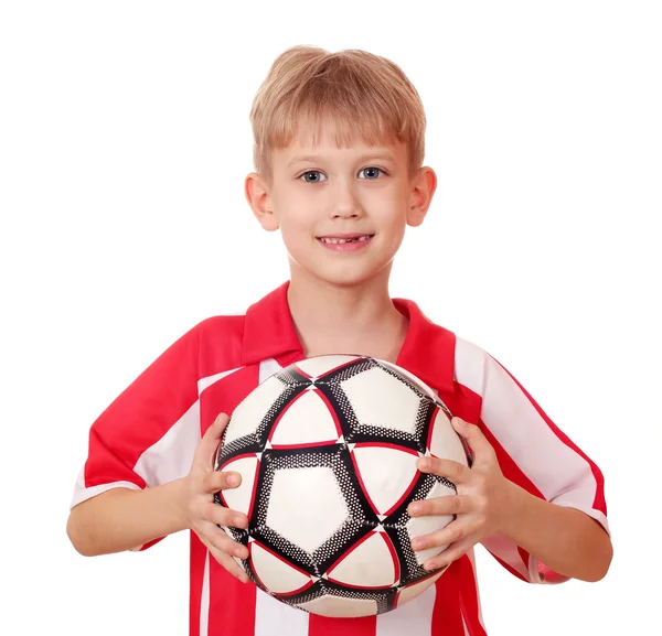 Futball labda jelentő fiú — Stock Fotó