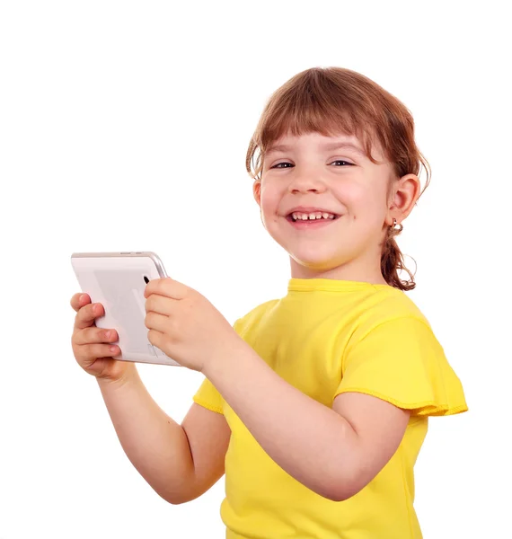 Šťastná holčička držení počítače tablet pc — Stock fotografie