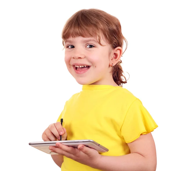 快乐的小女孩与平板电脑 — 图库照片