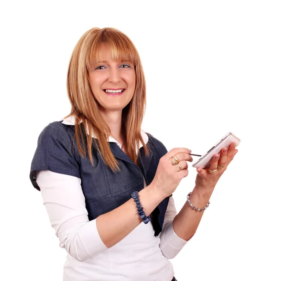 Beautiful happy girl holding tablet — Stock Photo, Image