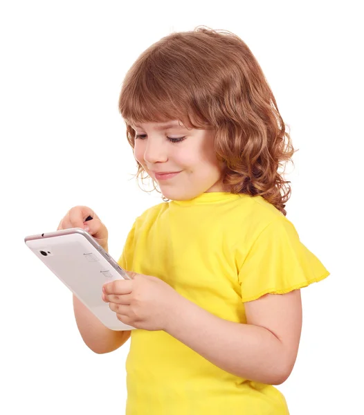 Feliz niña jugando con la tableta — Foto de Stock