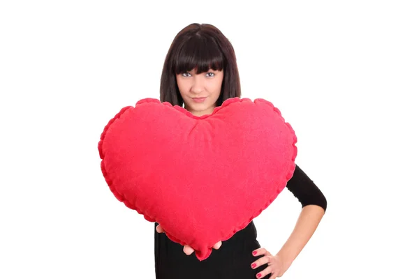 Skönhet flicka med stort rött hjärta — Stockfoto