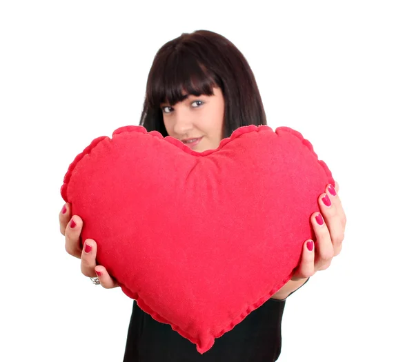 Beautiful girl holding red valentine heart — Stock Photo, Image