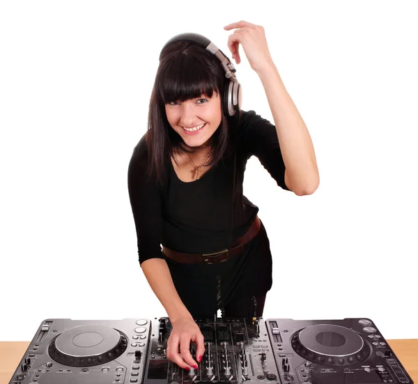 Beautiful happy girl dj with turntables — Stock Photo, Image