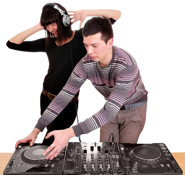 DJ e menina tocando música e dança — Fotografia de Stock