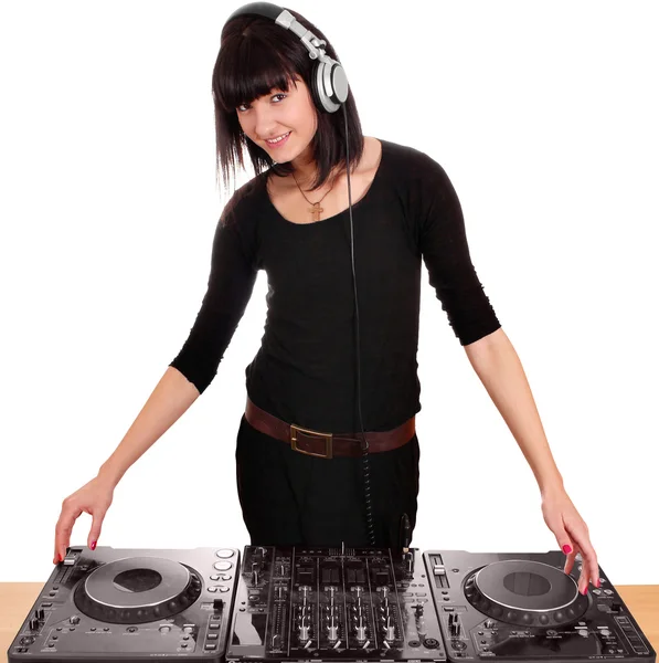 Beauty girl dj with turntables — Stock Photo, Image