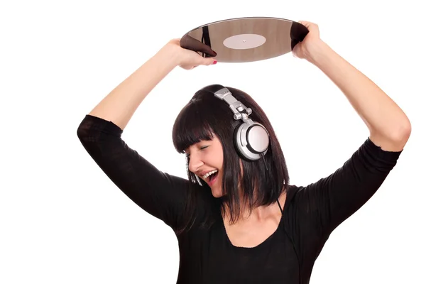 Girl dj holding a lp over the head — Stock Photo, Image