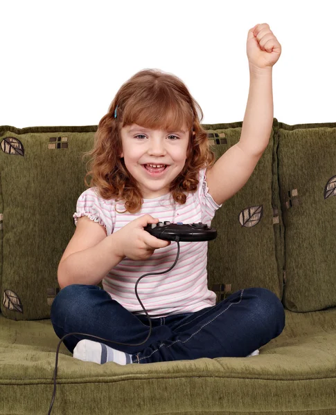 Little girl play video games and wins — Stock Photo, Image