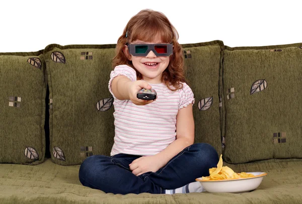 Happy little girl with 3d glasses watching tv — Stock Photo, Image