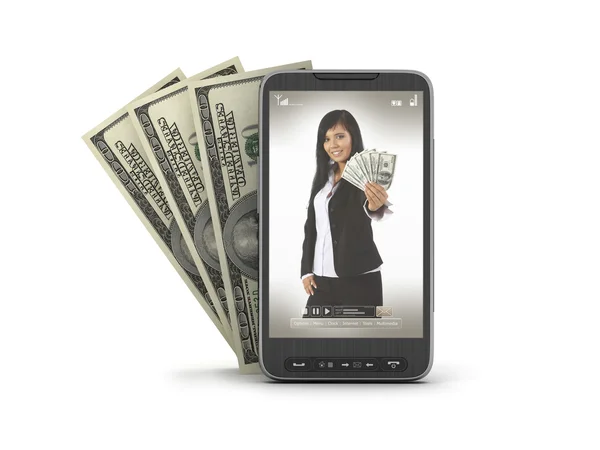 Cell phone and dollar bills — Stock Photo, Image