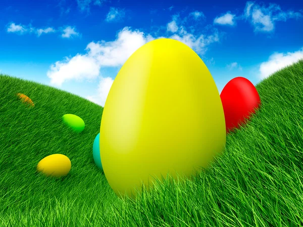 Easter - eggs on grass — Stock Photo, Image