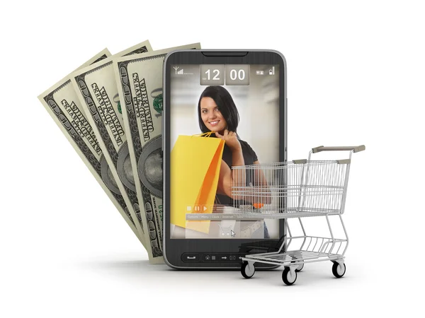 Shopping su Internet tramite cellulare - illustrazione concettuale — Foto Stock