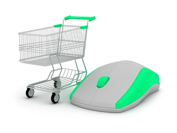 E-winkelen - winkelen kar en computer muis — Stockfoto