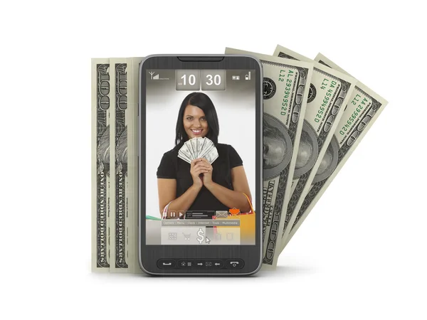 移动计算技术-钱交易的手机 — 图库照片