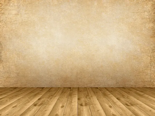 Внутренний фон - деревянный пол и гранж-стена — стоковое фото