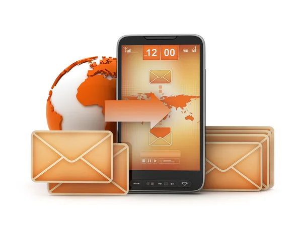 Mobilní e-mail-mobilní telefon, glóbus a poštovní obálky — Stock fotografie