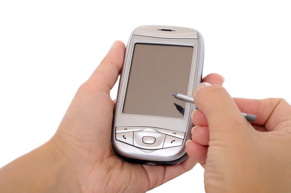 Mobiltelefon i en hand — Stockfoto
