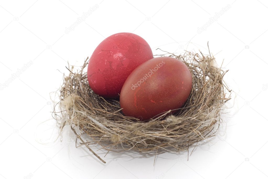 Colorful eastern eggs and bird nest