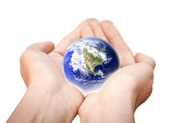 Aarde in handen. glas wereld — Stockfoto
