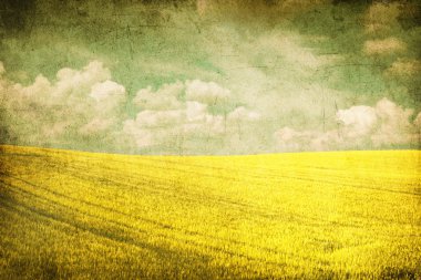 Grunge image of green field and blue sky clipart