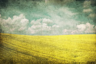 Grunge image of green field and blue sky clipart