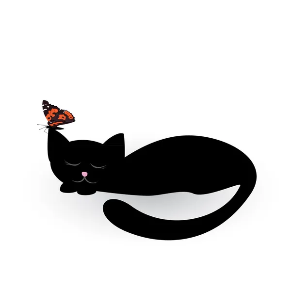Sommeil chat noir et papillon — Image vectorielle