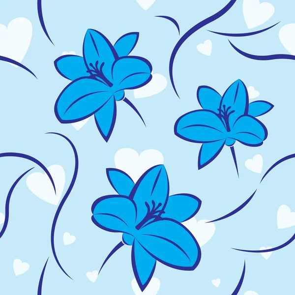 Blue lilies and hearts seamless — Stock Vector