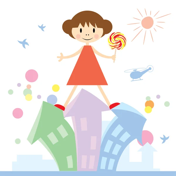 Κορίτσι με το γλειφιτζούρι στην πόλη παιχνίδι — Διανυσματικό Αρχείο