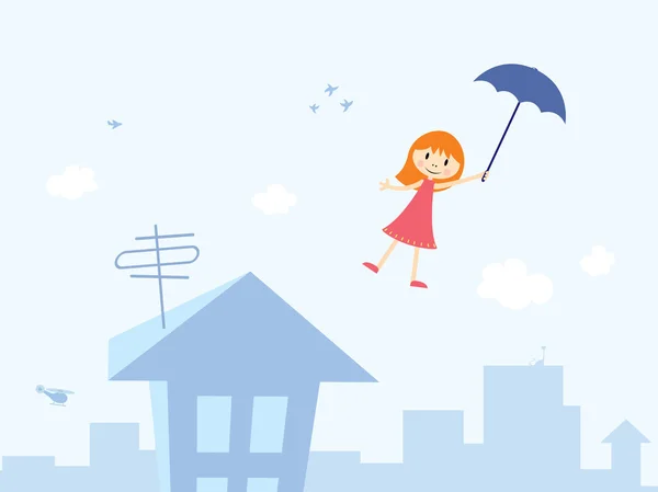 Girl with umbrella in cartoon town — Stock Vector