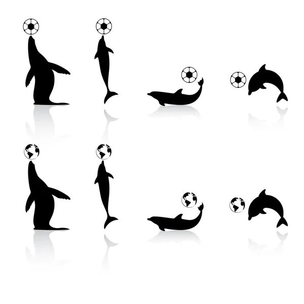 Θαλάσσια ζώα σιλουέτες με σύμβολα του ποδοσφαίρου και γη — Διανυσματικό Αρχείο