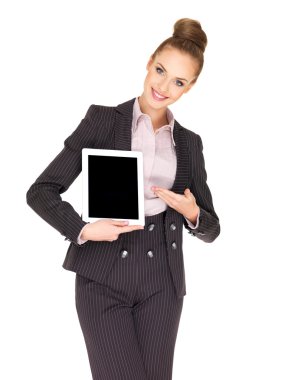 Young business woman showing tablet screen clipart