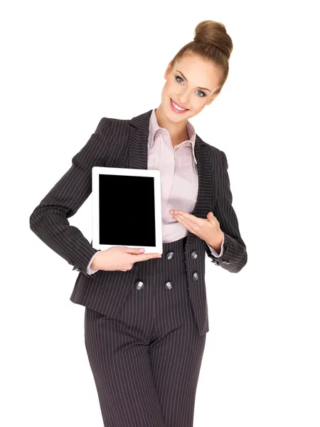 Unga företag kvinna visar Tablet PC-skärmen — Stockfoto