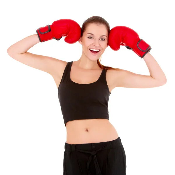 Beautiful sporty woman with boxing gloves — Stock Photo, Image