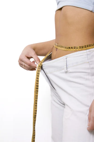 Woman measuring perfect shape of beautiful thigh. She lose weigh — Stock Photo, Image