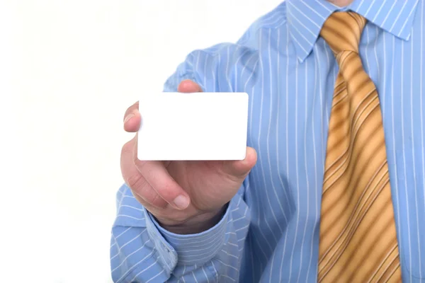 Крупный план визитной карточки в руках бизнесмена — стоковое фото