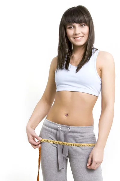 Woman measuring perfect shape of beautiful thigh. She lose weight — Stock Photo, Image