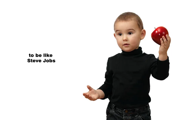 Să fiu ca Steve Jobs. Copil, băiat cu măr roşu — Fotografie, imagine de stoc
