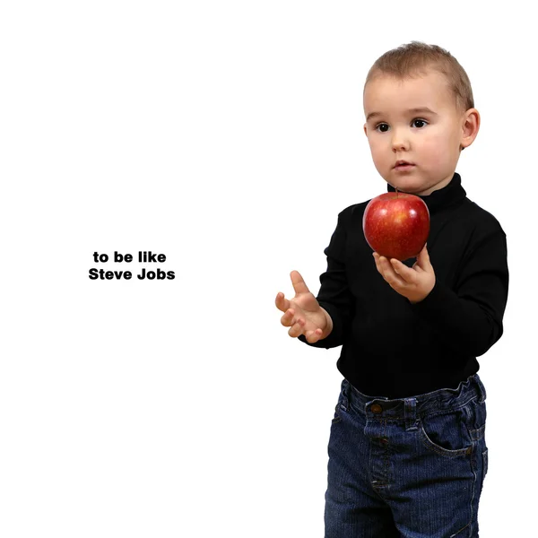 Wie Steve Jobs zu sein. Kind, Junge mit rotem Apfel — Stockfoto