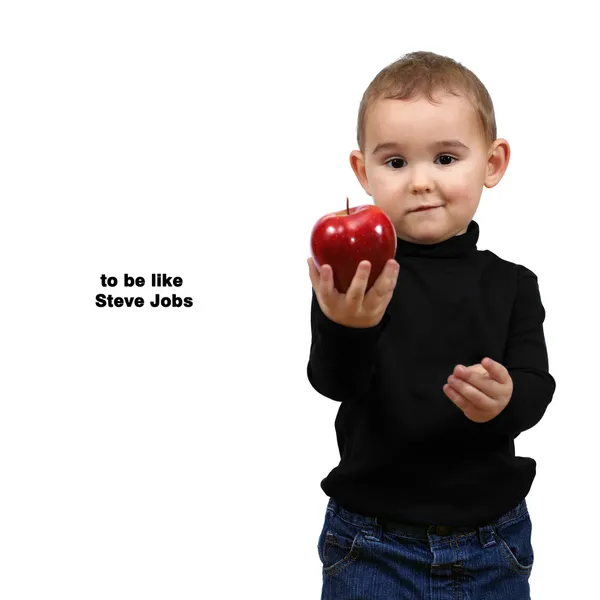 Essere come Steve Jobs. Ragazzo, ragazzo con mela rossa Foto Stock