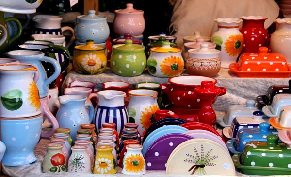 stock image Colourful ceramic tableware in a market stall