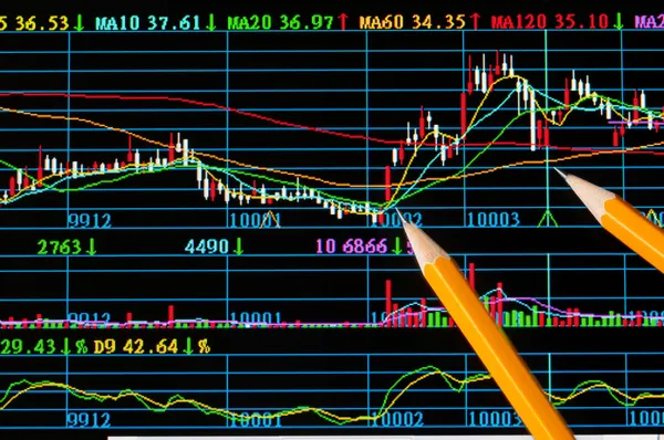 Analyse buntes Aktiendiagramm auf Monitor — Stockfoto