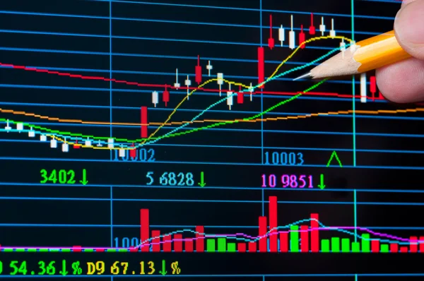 Análisis gráfico de stock colorido en monitor — Foto de Stock