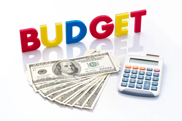 Palavras de orçamento, notas e calculadora americanas — Fotografia de Stock