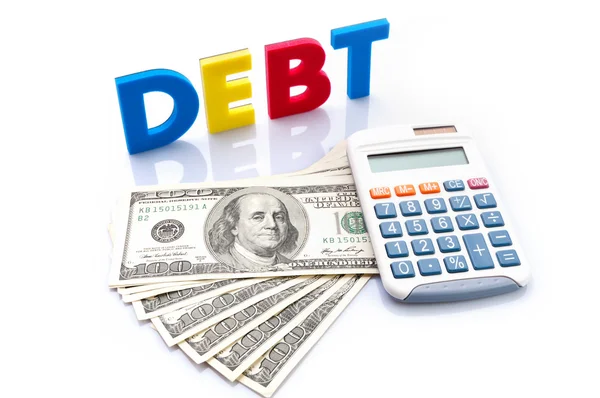 Palavras de dívida, notas e calculadora americanas — Fotografia de Stock