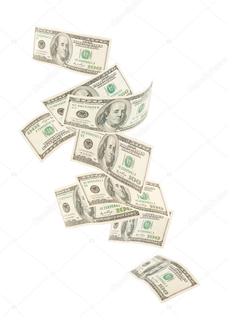 Isolated floating American hundred notes isolated