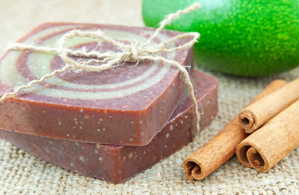 Home-made soap with avocado and cinnamon sticks — Stock Photo, Image