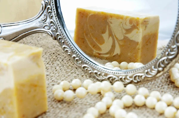 Home-made soap in the mirror — Stock Photo, Image