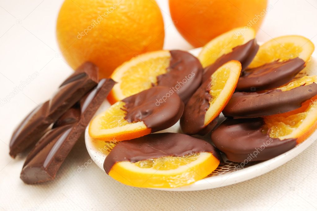 Delicious slices of orange coated chocolate
